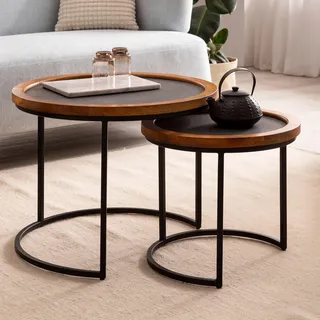 FineBuy Couchtisch 2er Set Mango Massivholz / Steinoptik Wohnzimmertisch Rund Satztisch mit Metallgestell Kaffeetisch Modern Sofatisch - Grau