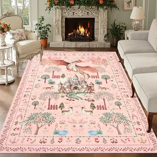 TUKDAK Drache Teppich Wohnzimmer rutschfest 160x230cm, Rosa Waschbarer Teppich Schlafzimmer, Boho Tier Kurzflor Bettvorleger Teppiche Gegend, Fantasy Wald Teppichen für Kinderzimmer Büro Esszimmer