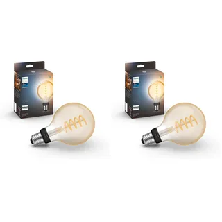 Philips Hue White Ambiance E27 Filament Globe Lampe (550 lm), dimmbare LED Lampe für das Hue Lichtsystem mit allen Weißtönen, smarte Lichtsteuerung über Sprache und App (Packung mit 2)