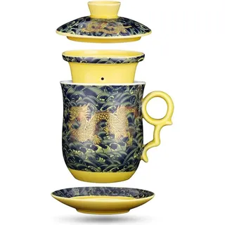 Chinesische Drachen-Teebecher-Set 400ml Keramik Sieb Deckel Dunkelgrün