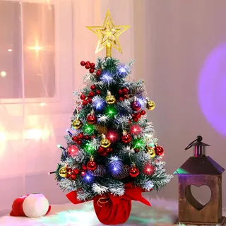 Fayavoo 60cm Mini Weihnachtsbaum Kleiner, künstlicher Weihnachtsbaum mit Beleuchtung, LED Tisch Weihnachtsbaum klein künstlich geschmückt für Weihnachten Deko (Rot)