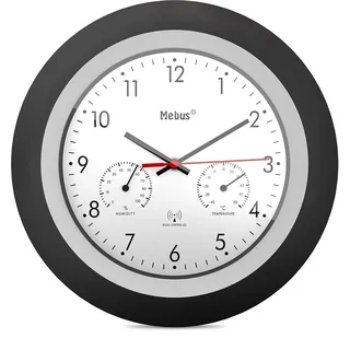 Mebus Funk-Wanduhr mit Thermometer und Hygrometer/schwarzer Rahmen/weißes Zifferblatt / 29cm Durchmesser/Rund/Modell: 19449 / Farbe: Schwarz, Weiß