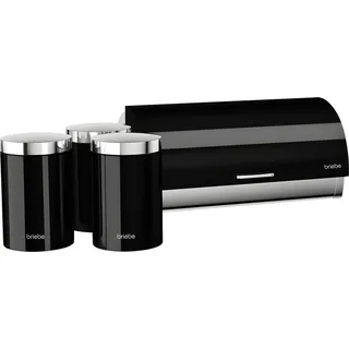 Briebe BB1161 Set aus Brotkasten +3 Küchenvorratsdosen aus Robustem Edelstahl Modernes Design Schwarz/Edelstahl - Schwarz, Silber