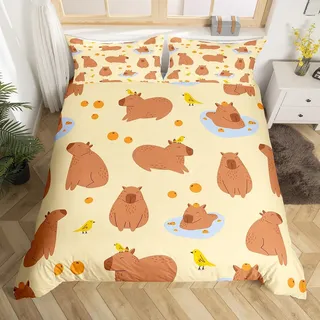 Homewish Capybaras Bettbezug 135x200 Nette Braune Capybaras Trösterbezug für Kleinkinder Teens Jugend, Cartoon Vogel Capybara Orangen Bettwäsche Sätz mit 1 Kissenbezug, Gelbbraun