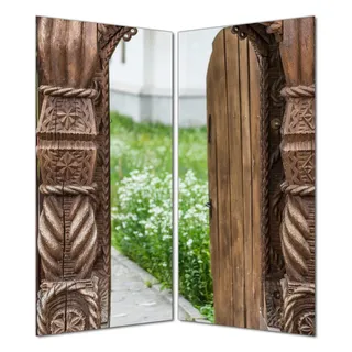 Wallario selbstklebende Duschrückwand 180 x 180 cm mit Motiv Offene alte Pforte mit Schnitzereien aus Holz - Wandverkleidung mit Hochglanzlaminat in Glasoptik