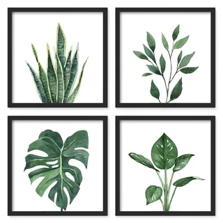 ArtbyHannah Bilder mit Rahmen 25x25cm 4er Set Poster Schwarz Quadratisch Wandbilder mit Holz Rahmen, Botanisch Kunstdruck Wanddeko, Badezimmer Schlafzimmer Wohnzimmer Küche