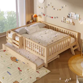 STILVORA Plattformbett 140x200 cm aus Holz mit Schutzgeländer, Holzbett mit integriertem Tagesbett, Kinderbett Holzfarbe - Braun