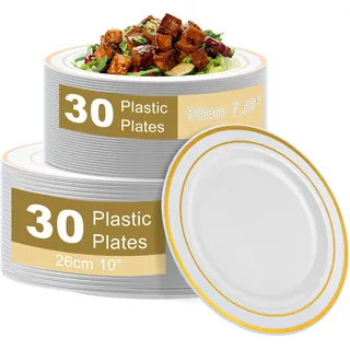 AKOLAFE 60 Stück Weiße Plastikteller Mehrweg 19cm&26cm, 2 Größen Kunststoffteller mit Goldrand Stabiles Plastik Teller Wiederverwendbare Hartplastik Teller Platzteller für Hochzeiten Party Geburtstage