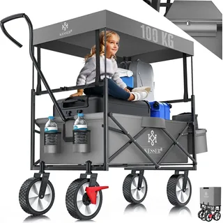 KESSER® Bollerwagen faltbar mit Dach Handwagen Transportkarre Gerätewagen | inkl. 2 Netztaschen und Einer Außentasche | klappbar | Vollgummi-Reifen | bis 100 kg Tragkraft | Mit Vorderrad-Bremse - Grau