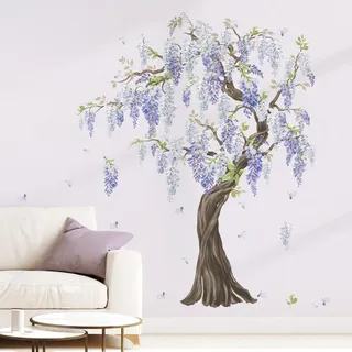 wondever Wandtattoo Baum Groß Blumen Lila Wandaufkleber Hängende Blumen Blumenranke Wandsticker Wanddeko für Schlafzimmer Wohnzimmer Sofa TV Hintergrund (H:153cm)