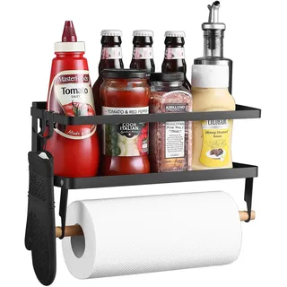 ZITRONE Magnetischer Papierhandtuchhalter für Kühlschrank, 2-in-1, faltbares magnetisches Gewürzregal, starke magnetische Regal, Kühlschrank-Organizer – Theke, platzsparend für Küche, Wohnung, schwarz