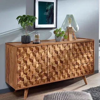 FineBuy Sideboard Sheesham Massivholz 140 cm mit 2 Türen & 3 Schubladen - Massive Retro Kommode mit Holz Füßen - Design Natur Anrichte - Handmade - Braun
