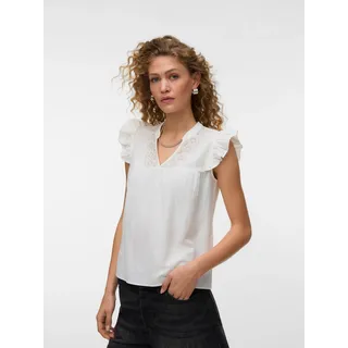 Rüschentop VERO MODA "VMDICTHE EMB SL V-NECK TOP WVN GA", Damen, Gr. S, snow weiß detail:pumice stone embroidery, Web, Obermaterial: 100% Baumwolle, bestickt, regular fit normal, V-Ausschnitt, Tops Rüschentop, Baumwolle, regular fit