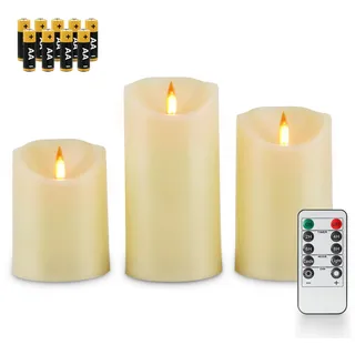 Fanna 3 Elfenbein LED Dynamische Flammenkerzen mit Fernbedienung für Kirche und Hochzeiten, Kunststoff Flammenlose Kerzen Realistische Flammeneffekte mit Timer, Batterien enthalten - H 10/12,5/15 cm