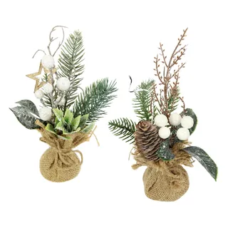 Künstliche Mini Weihnachtsbäume mit Beeren Zapfen Stern Tannenzweige im Jute-Topf 23cm 2er Set Gesteck Kunstblume Winterblume Blume Pflanze Zweige Weihnachtsdeko Tischdeko Tannengesteck Blumenschmuck