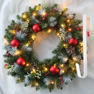Hutato 45CM Weihnachtskranz Adventskranz Hängend Weihnachtsdeko Tür Kranz Mit LED und Haken, Weihnachtlicher Türschmuck für Home Office Weihnachten Dekor (Rot)