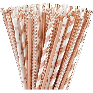 ALINK 100 Stück Papierstrohhalme Roségold, 20cm Trinkhalme Papier in 4 Eleganten Designs, Hochwertige Strohhalme für Party, Hochzeit, JGA und Cocktails