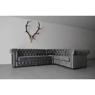 Samt Chesterfield Sofa Couch Polster Eck Garnitur Wohnlandschaft Stoff Sitz Ecke - Grau