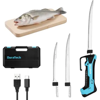 DURATECH Elektromesser Akku Filetiermesser, Kabelloses Fischmesser, 12V Elektrisches Messer Fischfiletiermesser mit 2 Edelstahlklingen, Rutschfestem Griff und Aufbewahrungsbox zum Filetieren von Fisch