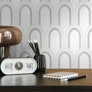 Architects Paper Tapete Art Deco Weiß Grau Silber Metallic- Architects Paper Arcade 391764 - Vliestapete Retro - 10,05 m x 0,53 m Made in Germany