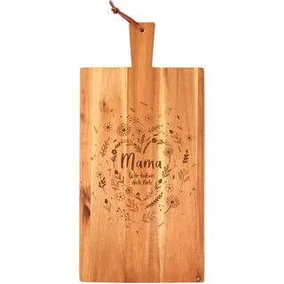 Holz Schneidebrett mit Griff für Mama, Frühstücksbrettchen mit Blumenherz Gravur, Geschenk für Mama zum Muttertag, Geburtstagsgeschenk für Frauen, Akazienholz Vesperbrett, Brotzeitbrett Küchenzubehör