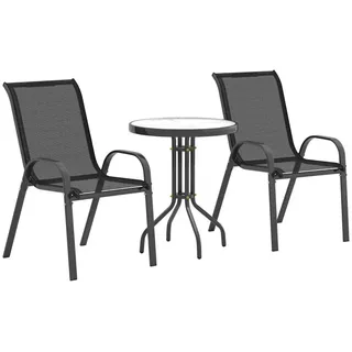 Sweiko Bistro-Set, 3-teilig, wetterfest, mit Glastisch + 2 Stühlen stapelbar, Gartenmöbel, schwarz - Schwarz