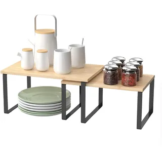 Amig - Gewürzregal Organizer Mod. Soren - Set 2 Teile - Stapelbare Regale - 32x20x15,6 cm - Stahl und Bambus - Farbe Schwarz und Holz - Organizer für Arbeitsplatte oder Schrank