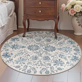 Generisch Teppich Runder,Vintage Klassisch Floral Orientalisch Traditionelles Muster, Dunkelblau, ø 90 cm, Waschbar Kurzflor Teppiche fürs Loungesessel Arbeitszimmer Gästezimmer,