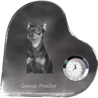 Deutscher Pinscher - Kristalluhr mit einem Hundebild, Herzregal-Uhr, personalisierte Standuhr der Marke Art-Dog