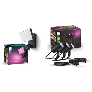 Philips Hue Secure Outdoor Flutlicht mit integrierter 1080p Smart Home Sicherheitskamera & White & Color Ambiance Lily Gartenstrahler 3-er Pack (1.770 lm)