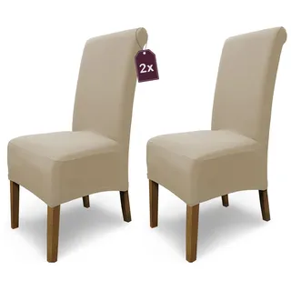 Scheffler Home Stuhlhussen Emma Cottina Beige 2er Set – Elastische waschbare Stuhlbezüge aus Baumwolle – Stuhlabdeckungen für Hochlehner Esszimmerstühle – Öko-Tex Zertifiziert