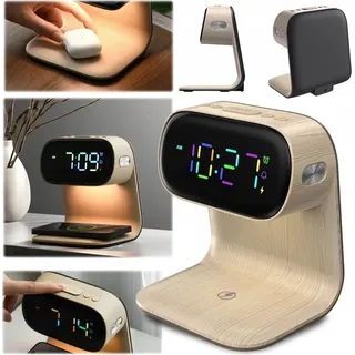 LED-Nachttischlampe für den Schreibtisch, induktives Ladegerät Qi 15W, Wecker - Beige