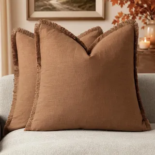 Foindtower Dekorative Leinen-Kissenbezüge, Boho-Stil mit Fransen, Landhaus-Stil, Quasten, weich, Deko-Bezug für Couch, Sofa, Bett, Wohnzimmer, Inneneinrichtung, 2 Stück, 66 x 66 cm, Orangebraun