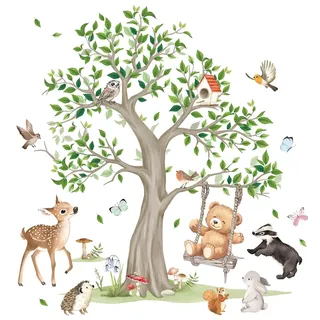 FUFUQUARE Wandtattoo Waldtiere Groß Baum Wandaufkleber Hirsch Bär Eule Vögel Hase Schmetterling Wandsticker Wanddeko für Schlafzimmer Wohnzimmer Kinderzimmer Babyzimmer