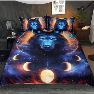 CXYXHW Bettwäsche-Set Wolf 3D Tier Serie Print Musterdesign mit Reißverschluss,Motiv Wolf dreiteiliger Bettbezug Set Microfaser (D, 135x200cm)