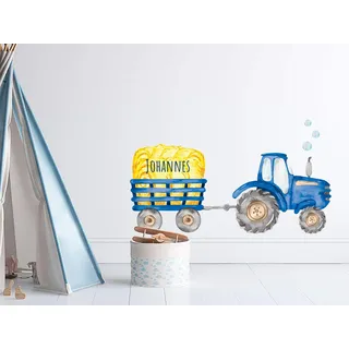 GRAZDesign Wandtattoo Kinderzimmer Junge Blau, Traktor mit Anhänger und Namen, Babyzimmer personalisiert, Wandaufkleber Trecker Bauernhof Entfernbare Wandsticker, Wandaufkleber Jungen / 70x40cm