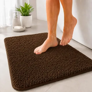 Floordirekt Badematte Sky - Badezimmerteppich - Weicher, dichter Hochflor - Rutschhemmend & Schnell trocknend - Geeignet für Fußbodenheizung - Eckig & Rund (80 x 150 cm, Braun)