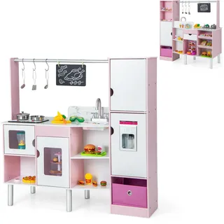 COSTWAY 2 in 1 Kinderküche & Kaufladen, Spielküche mit Licht und Sound, interaktiver Eismacher & Tafel, inkl. 82 Zubehörteile, doppelseitig, Spielkochset für Kinder ab 3 Jahren - Rosa