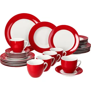 30tlg Kombiservice Variant Rot Porzellan 6 Personen Tassen Untertassen Teller - Rot
