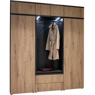 Moderano Garderobe , Anthrazit, Eichefarben , Textil, Holzwerkstoff , 8-teilig , 196x233x39 cm , Handmade in Germany , Garderobe, Garderoben-Sets & Garderoben-Serien, Garderoben-Sets