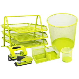Leviatan 1410 Schreibtischset Schreibtisch Organizer Ordnungssystem Tisch Organizer Metall Stifteköcher Multifunktions Heftgerät Locher Büroorganizer Limonenfarben