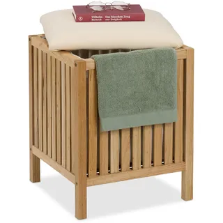 Relaxdays Wäschekorb mit Sitz, Badhocker mit Stauraum, 30 l Wäschesammler, HBT: 51 x 38 x 38 cm, Holz/Stoff, Natur/weiß