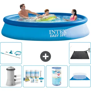 Intex runder aufblasbarer Easy Set-Schwimmpool – 366 x 76 cm – Blau – inklusive Pumpe Wartungspaket - Filter - Bodenplane - Reinigungskit - Solarmatte