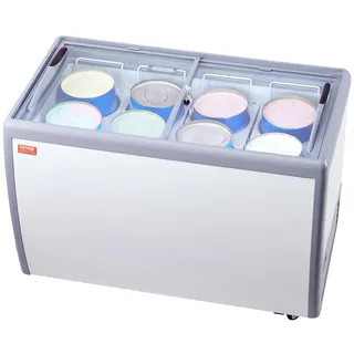 Vevor Kommerzielle Eiscreme-Vitrine, 370 L Gefriertruhe, Mobiler Tiefkühlschrank mit Glasplatte, Restaurant-Gelato-Tauchschrank mit 8 Großen Behältern, 2 Glasschiebetüren, Feststellrollen, Weiß