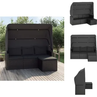 vidaXL 3-Sitzer-Gartensofa mit Dach und Fußhocker Schwarz Poly Rattan - Gartensofas - Schwarz