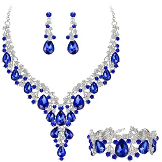 Clearine Damen Hochzeit Braut österreichischen Kristall Teardrop Blume Cluster Statement Halskette Ohrringe und Armband Schmuck-Set für Prom Blau Silber-Ton