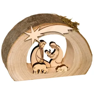 Kaltner Präsente Geschenkidee - Weihnachtskrippe Krippe aus Holz mit Jesus, Maria und Kind in einem Baumstamm mit Rinde, Weihnachtsdekoration Innen, Weihnachtsdeko