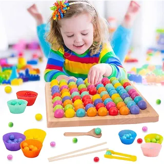 Meiruier Regenbogen Puzzle,Montessori Spielzeug ab 2 3 4 jahre,Holz Clip Beads Brettspiel,Montessori Brettspiel, Wooden Puzzle,Rainbow Bead Game Early Education Puzzle Brettspiel