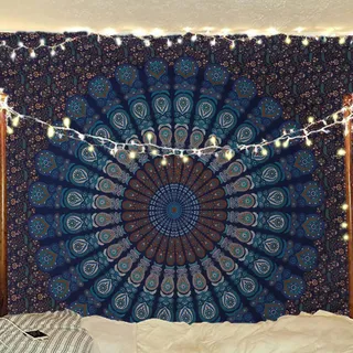 Bless International Indischer Hippie Bohemian Psychedelic Peacock Mandala Wandbehang Bettwäsche Tapisserie (Blue Green, King (223x264Inches)(225x265Cms))