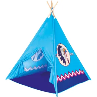 Bino Spielzelt TeePee, Zelt Kinderzimmer Zubehör, Kinderspielzeug (Kinder Tipi Zelt, Spielhaus für Kinder ab 3 Jahre, drinnen & draußen geeignet, mit Indianer Motiven, Größe 120x120x150 cm), Blau